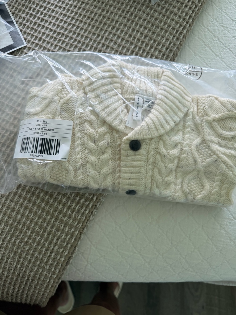 Jamie and Jack size 6 to 12 month Shawl Collar Cable Knit Sweater - Cream nwt
